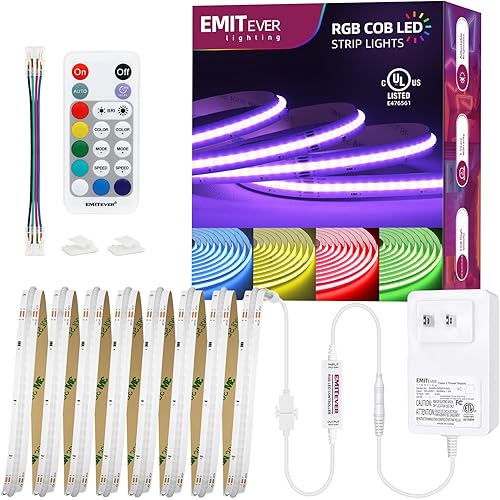 EMITEVER RGB LED Strip Light 16.4ft, UL-Listed Dimmable COB 24V Flexible LED Color Changing Tape Light Kit with Remote, High Density 3150LEDs,for TV Backlight, Bedroom, Bar, Party Christmas Decoration