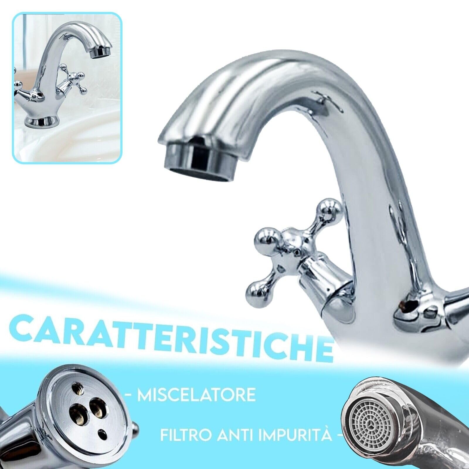 Rubinetto Lavabo Bagno con Valvola Piletta Poup Up Universale per Scarico Lavandino Miscelatore 2 Comandi Manopole a Fiore Vintage Retro bidè Cromato - Argento (2 Manopole)