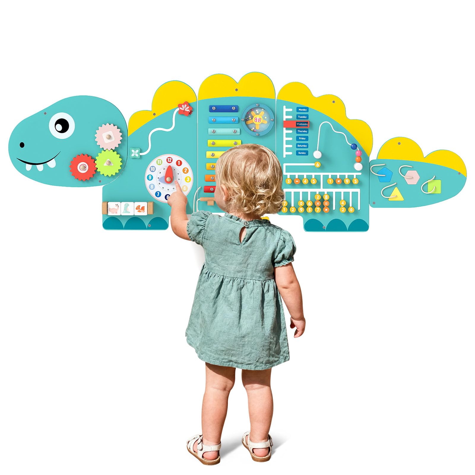 COSTWAY Busy Board Montessori en Forme Dinosaure avec 11 Jeux Sensoriel, Planche Tableau Activité Murale avec Xylophone & Horloge, Parcours Motricité Bébé pour Salle de Jeux, Crèche (Dinosaure Vert)