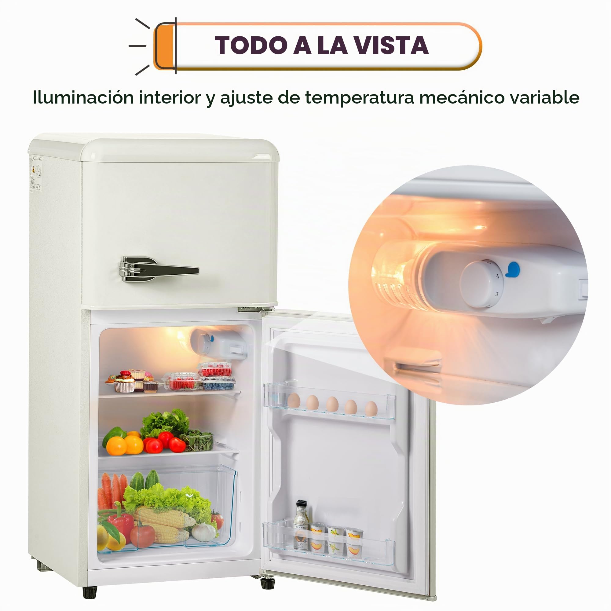 Frigorífico Mini 60L, Frigorifico Pequeño con Congelador (22L+38L), Frigorifico Combi con LED luz, 88,8x45,5x42 cm Frigorífico no Frost con Estantes Ajustables, 102 kWh/año, -27°C∽13°C (White)