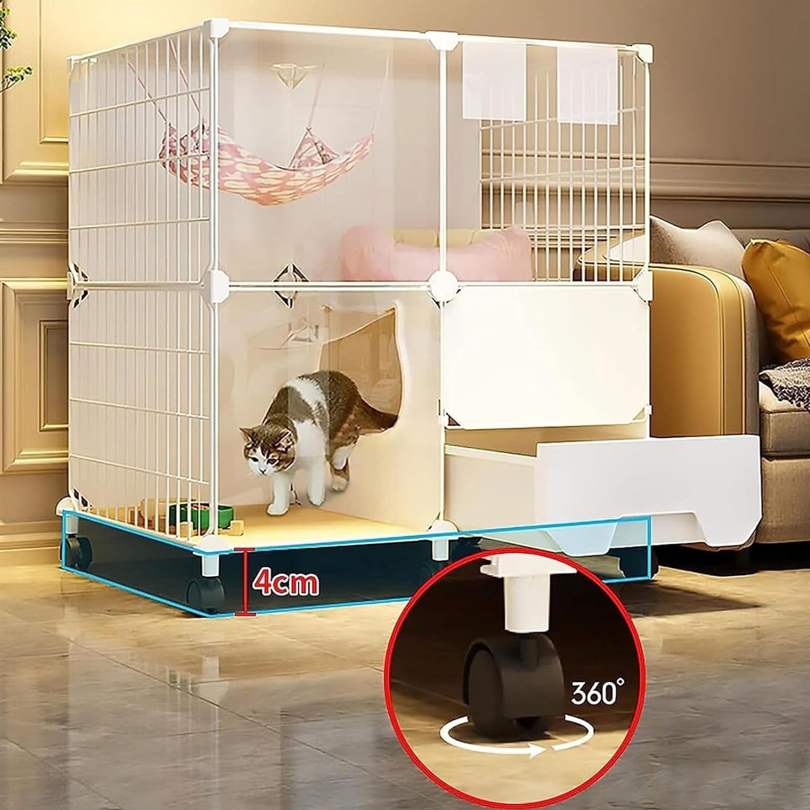 DIY Jaulas para Gatos Grandes, Corral para Gatos con Arenero, con Ruedas, Fácil de Mover. Base de Resina para Proteger Las Patas(107 * 47 * 112cm)