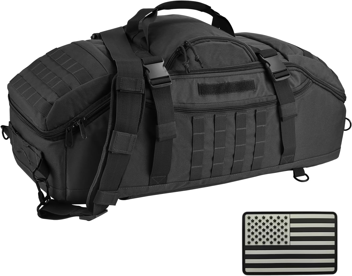 Tactical Duffle Bag for Travel, 65L Water-Resistant 3-in-1 Tactical Backpack, Large Military-Style Gym Bag for Sports, Hiking & Camping (Black, 65L)