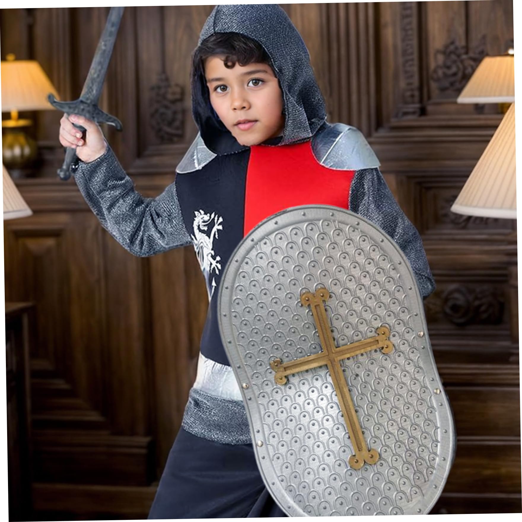 Ritterkostüm für Kinder, 4-teiliges Set mit Kreuzmuster, mittelalterliche Ritterrüstung, inklusive Helm, Schild, Schwert und Kinderkostümen für Rollenspiele, Cosplay, Halloween