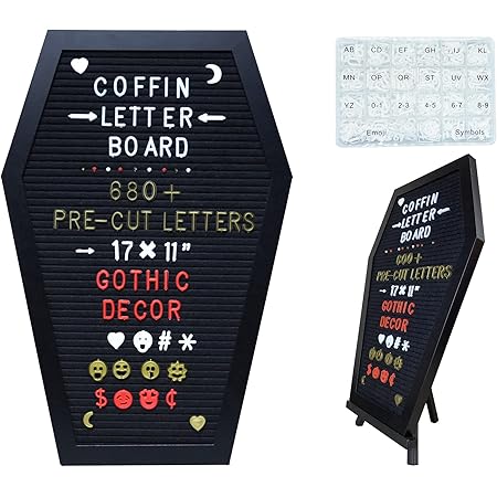 Coffin Letter Board | Gothic Message Board for Halloween Decorations Indoor, Spooky Creepy Coffin Decor, Goth Room Decor | 17"x11" Felt Letter Board With 680 White, Gold Red Changeable Letters and Numbers, Storage Tray