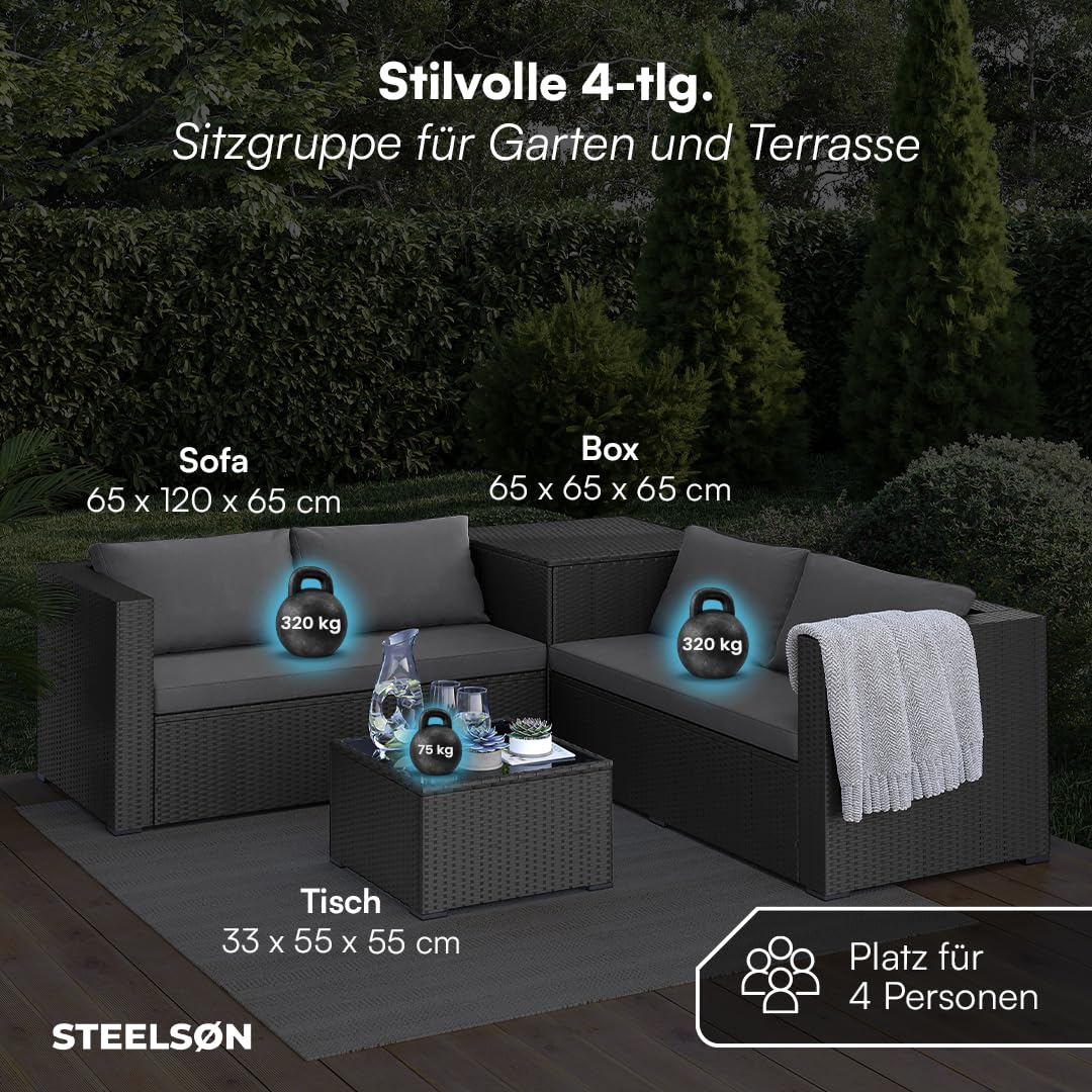 STEELSØN Veloria Rattan Gartenmöbel Set 4-TLG. – Gartenlounge mit Sofas, Tisch & Box – Outdoor Sitzgruppe bis 4 Personen – Sitzgarnitur Garten/Balkon/Terasse schwarz/anthrazit mit Stauraum