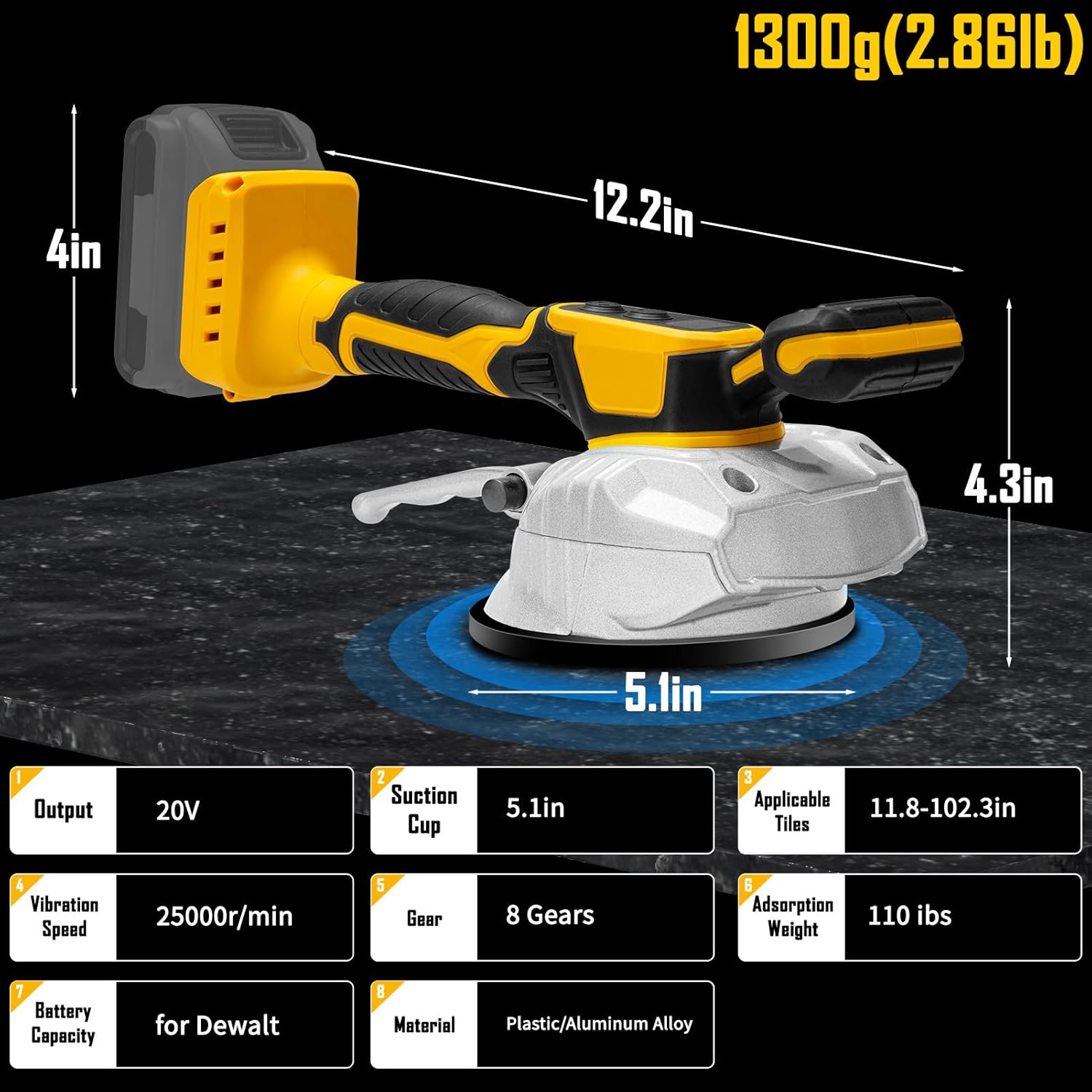 Cordless Tile Vibration Leveling Machine,for Dewalt 20V Max Battery,Portable Tiler Vibrator Tool with 8 Adjustable Speed,Suction Cup,Digital Display for Floor,Tile(Battery Not Included) Gift for Men