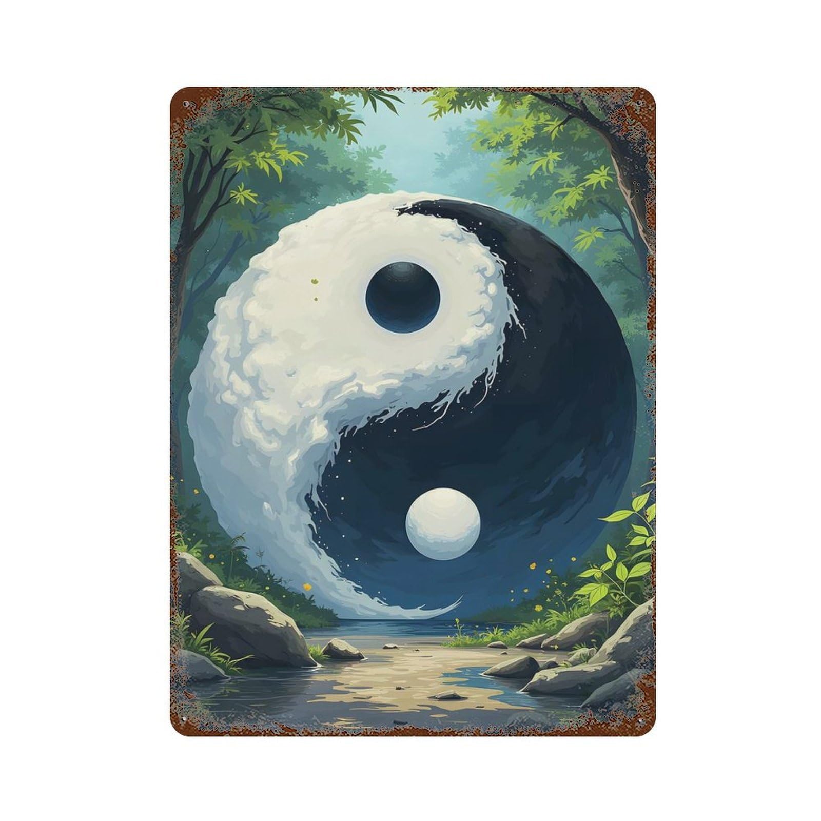 Anime Yin Yang Nature 15.7"x11.8" Rust Effect Tin Sign, Vintage Wall Decor for Farmhouse, Kitchen And Entryway Decor