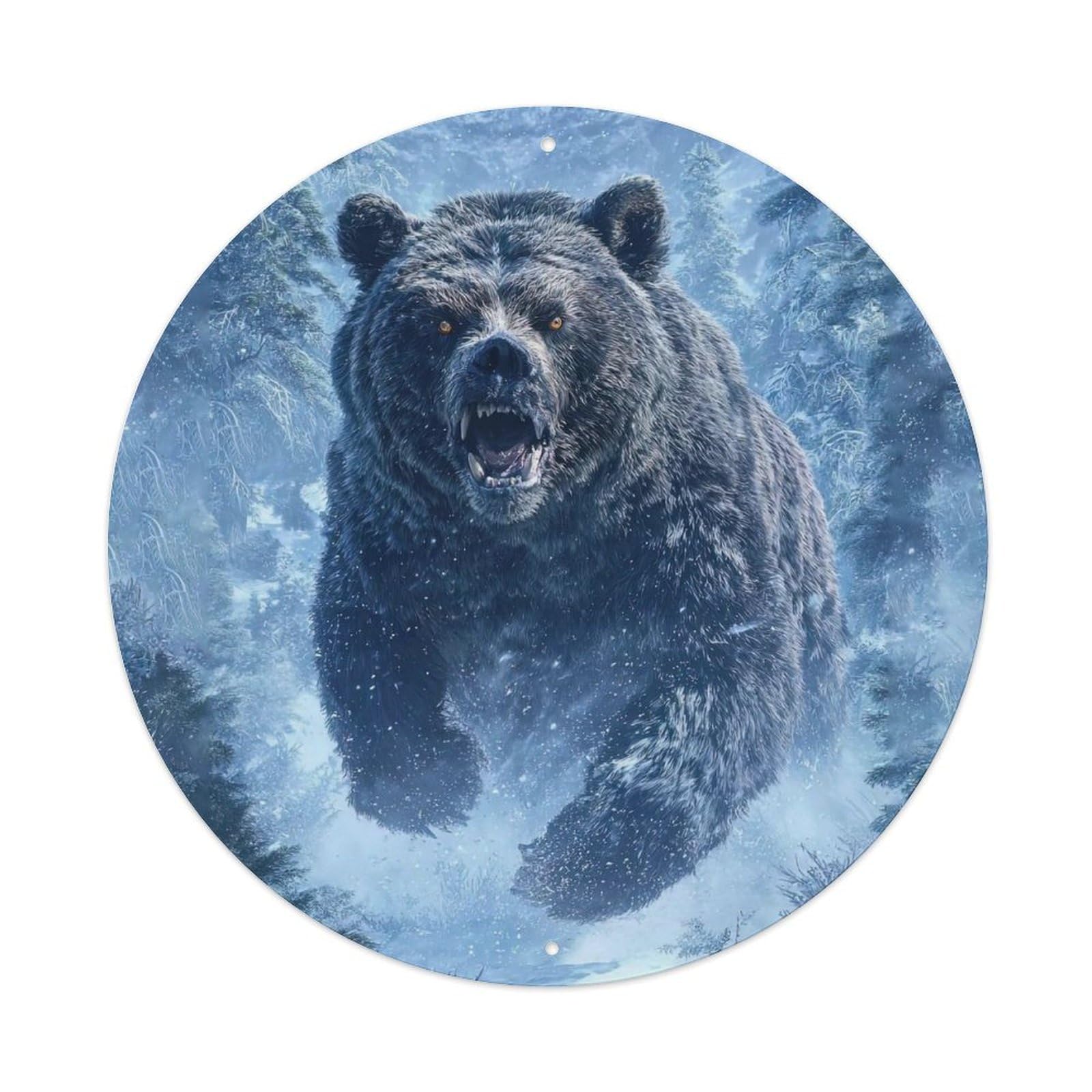 Animal Grizzly Bear in Snowy Forest Wilderness Roaring Leap Vintage Metal Tin Sign Plaque Wall Decor for Cafe, Club Bar, Office, Garden Metal Poster 8x8Inch