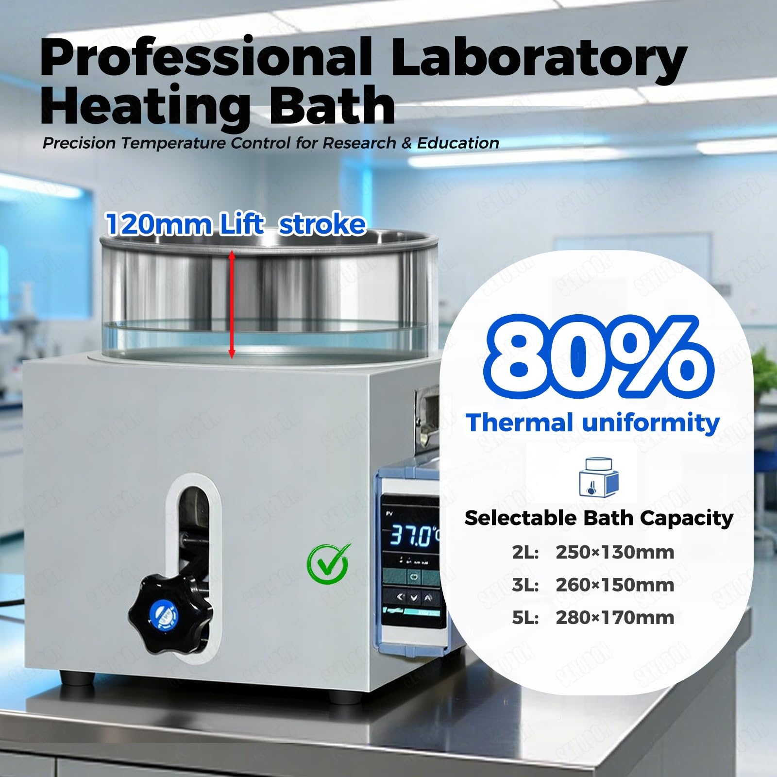 Konstanttemperatur-Wasser-/Ölbad für Labore, Hubmechanismus, 120 mm Hub, für Öl und Wasser geeignet, PID-Regelung 1000 W/1500 W, Heizgleichmäßigkeit 80% für chemische und pharmazeutische Experimente