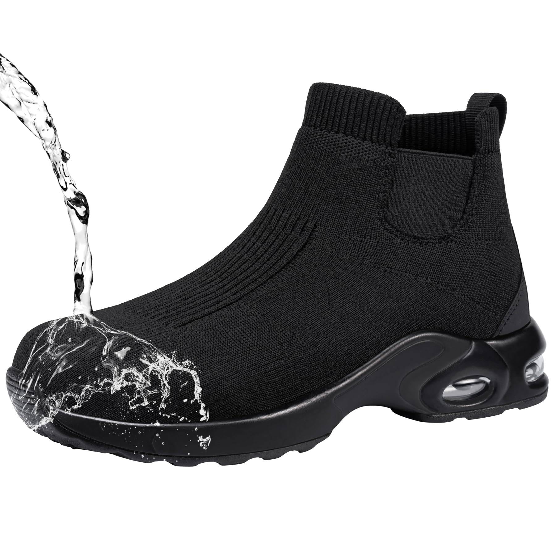 LARNMERN Steel Toe Shoes Men Women Non Slip Work Boots Water Resistant Safety Sneakers Slip On Industrial Air Cushion Chelsea Boots(10.5 Men, Black)