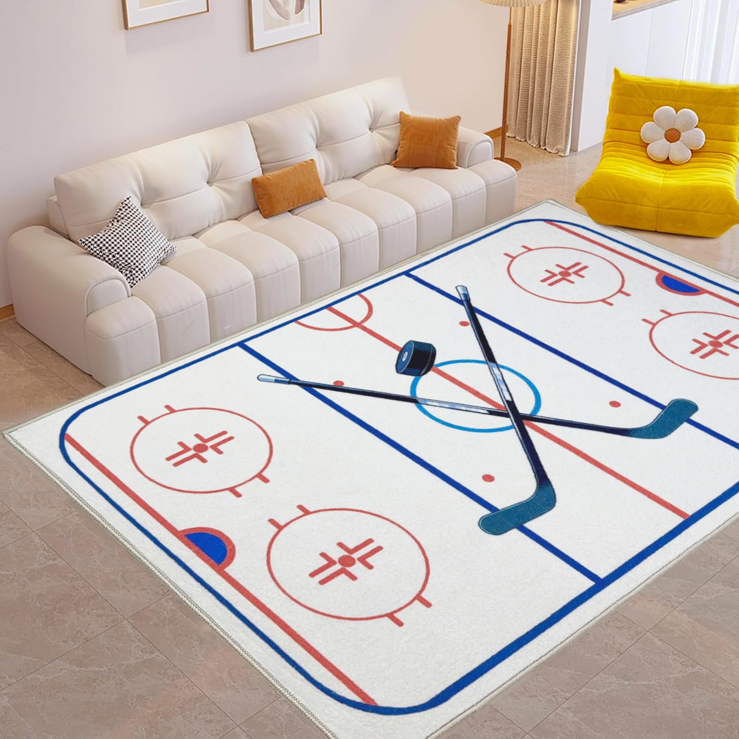Hockey Rug 9x12 Washable Low Pile Non Slip Sports Rug for Boys Bedroom Decor Hockey Room Area Rug