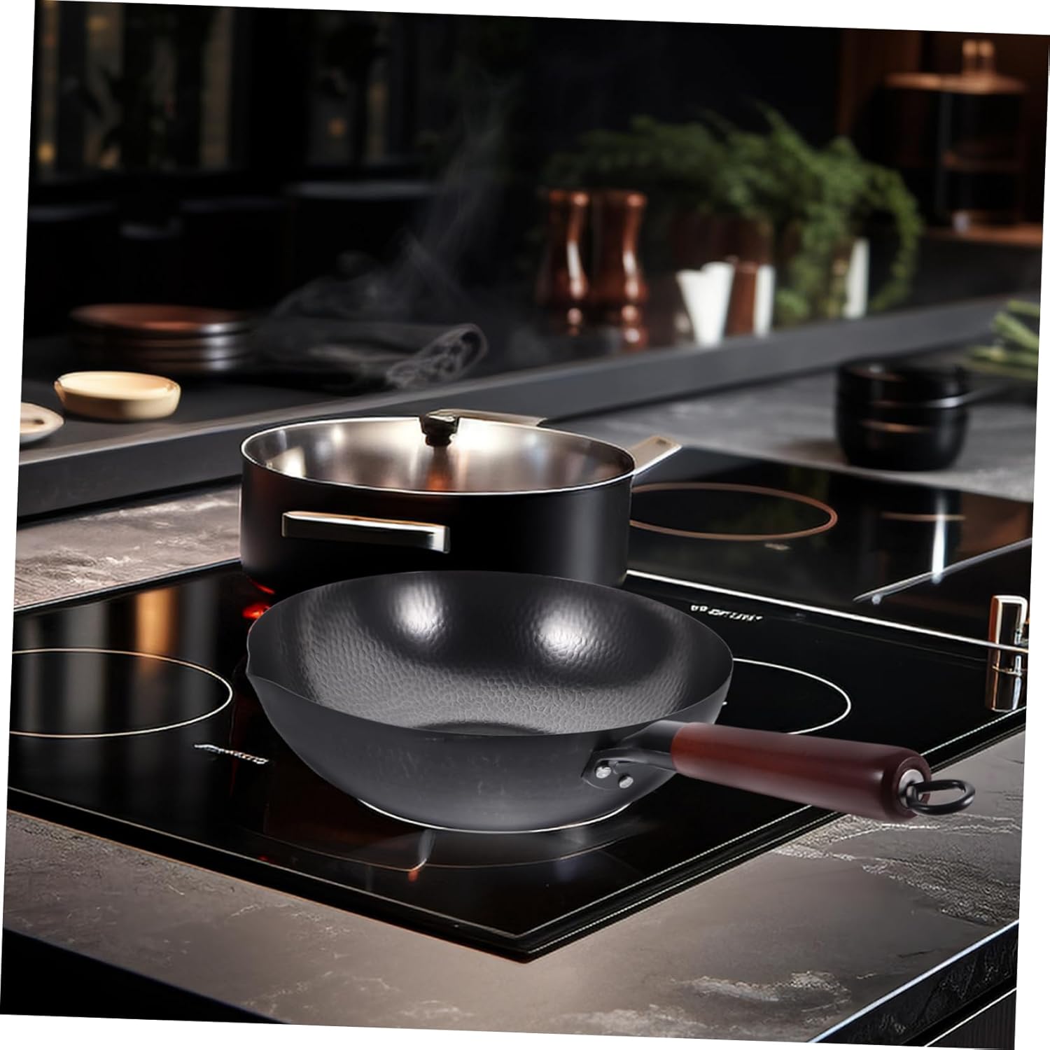 PRETYZOOM Wrought Wok Traditional Handmade Nonstick Frying Pan for Gas Stove Ergonomic Handle Scratch-resistant Easy to Clean for Chinese Cooking