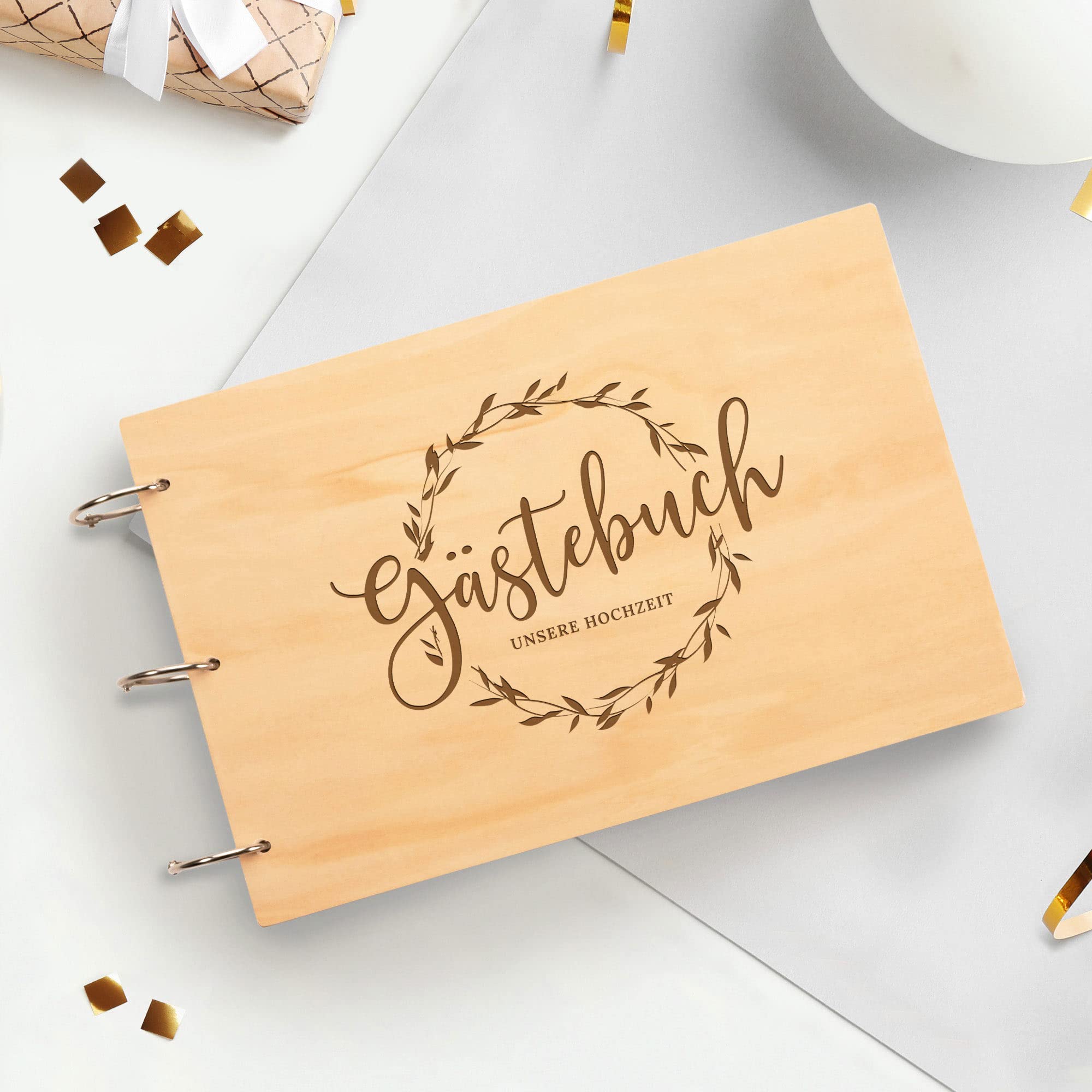 Hochzeit Gästebuch, Hochzeitsbuch mit Gravur, Hochzeitsalbum zum Selbstgestalten, Hochzeitsgeschenk für Brautpaar, Hochzeitsdeko, Hochzeitsempfang Ringbuch, Blanko Buch Holz, Leeres Fotoalbum Hochzeit