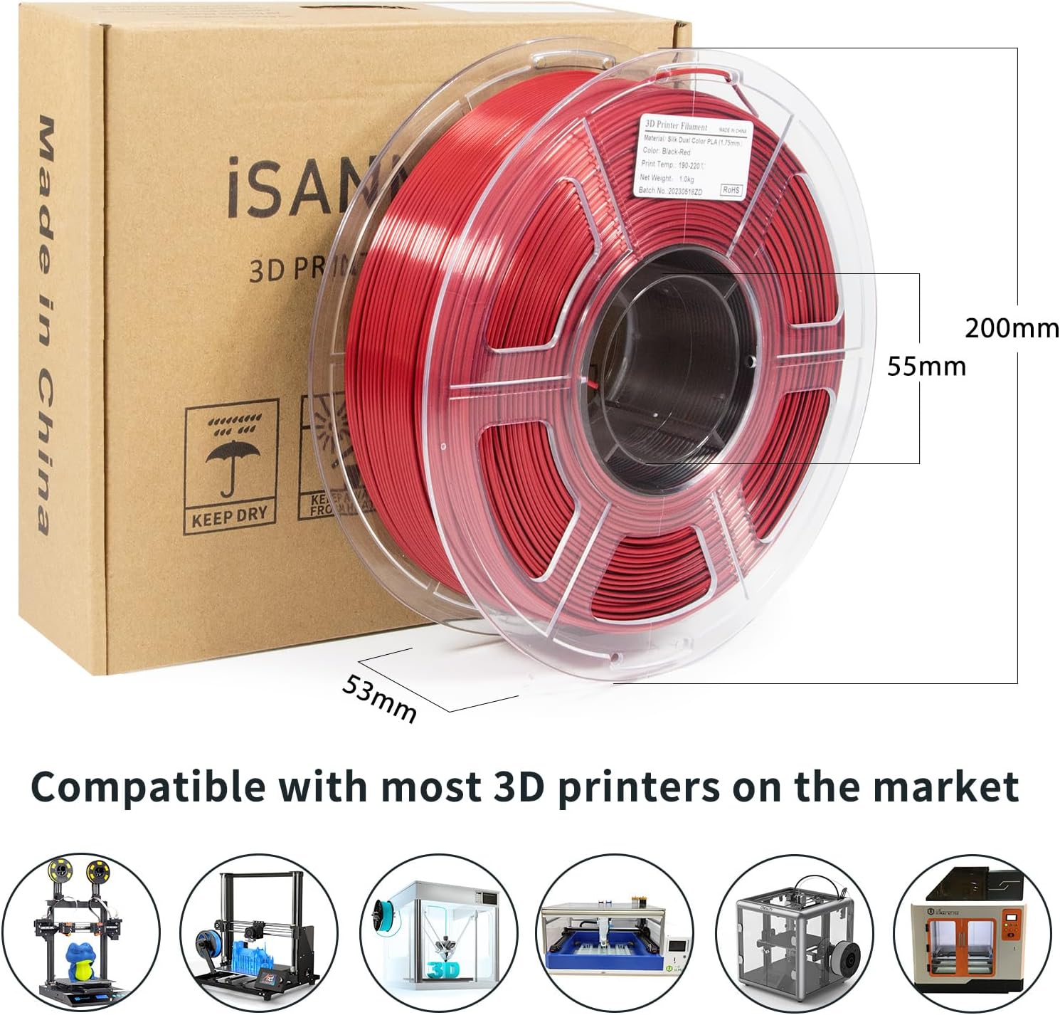 iSANMATE 3D Printer Filament, PLA Filament 1.75mm Silk PLA Red Black, Dual Color Filament Rainbow Filament, 1 kg Spool
