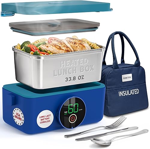 ThermoGo - Lonchera eléctrica autocalentable para adultos - Calentador de alimentos inalámbrico de 60 W con temporizador de pantalla táctil y bolsa