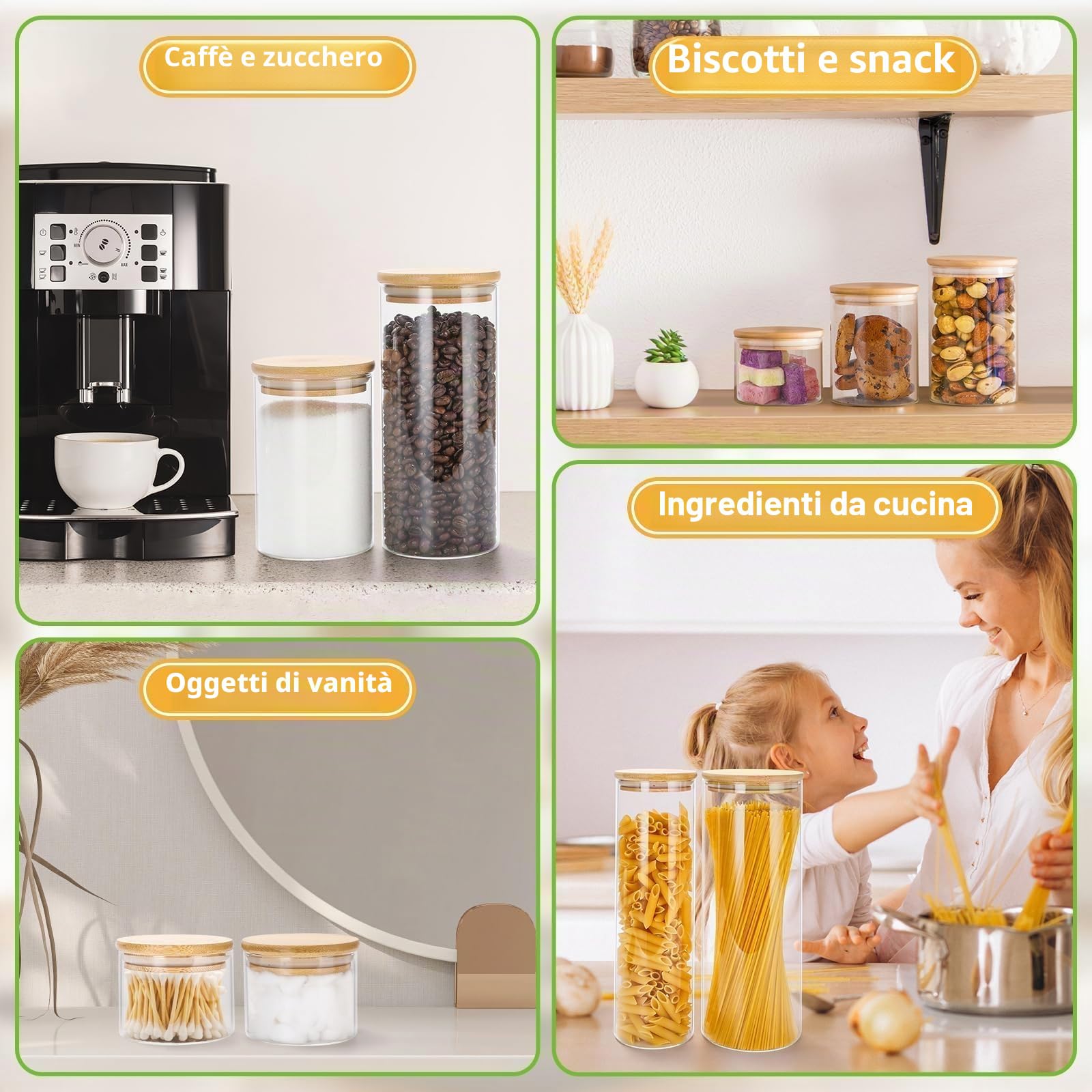 Lannvan Barattoli Vetro con Coperchio, Set di 8 Barattoli Cucina Vetro Ermetico, Contenitore Vetro con Coperchio