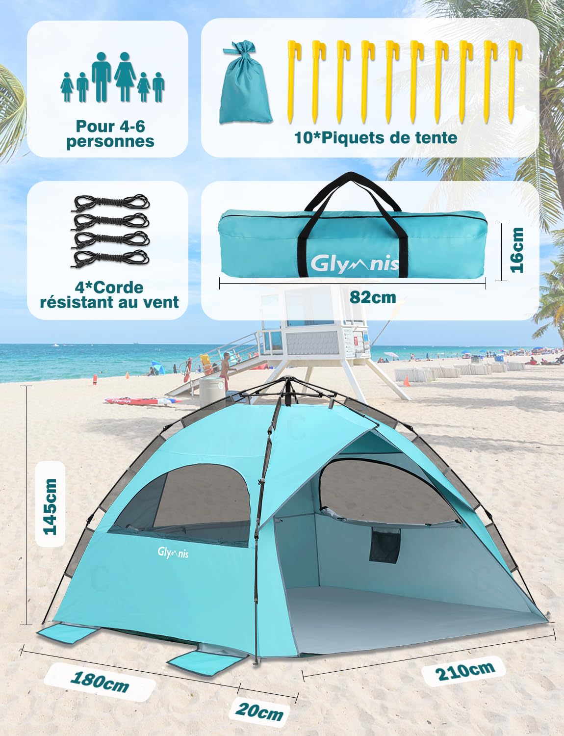 Glymnis Tente de Plage 4-6 Personnes Pop Up Tente de Plage hydraulique Automatique Abri Solaire Portable UPF 50+ Protection UV
