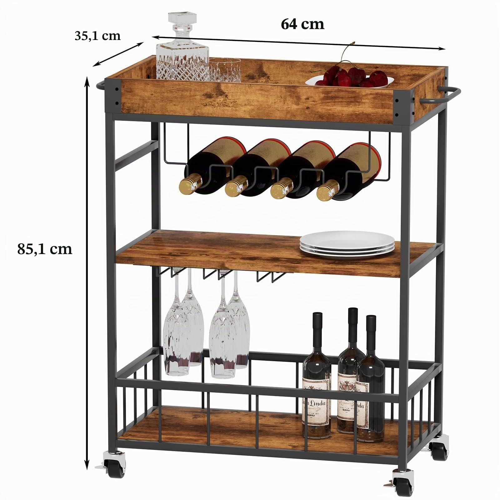 Huhote Chariot de service, chariot de cuisine, chariot de bar avec roulettes, chariot à vin avec porte-bouteille, 3 étages, chariot à boissons pour salon, salle à manger, cuisine, bar, fête, marron