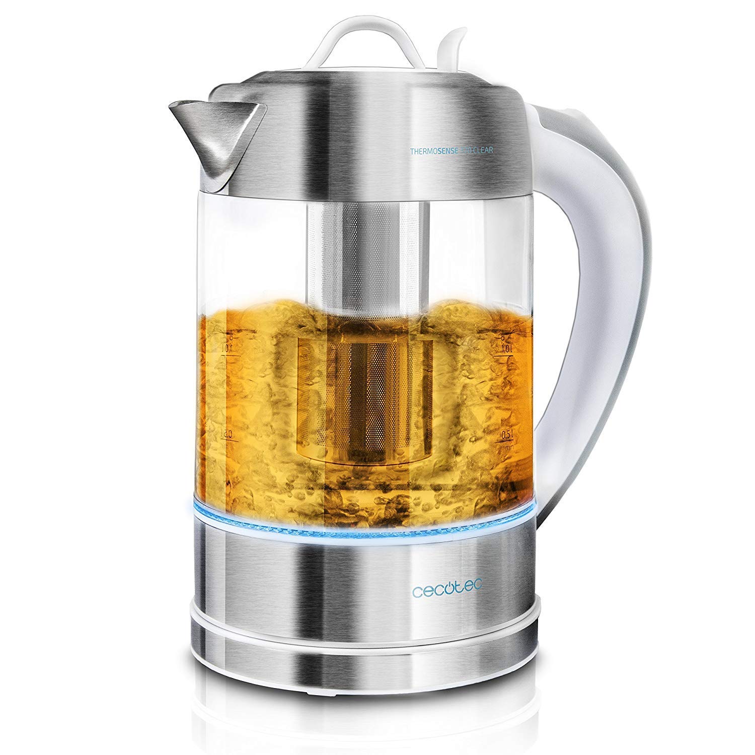 Cecotec Bouilloire Électrique ThermoSense 370 Clear. 1.7 L, Verre Borosilicate, Sans BPA, Base 360º, Filtre Anticalcaire, Triple Système de Sécurité, 2200 W.