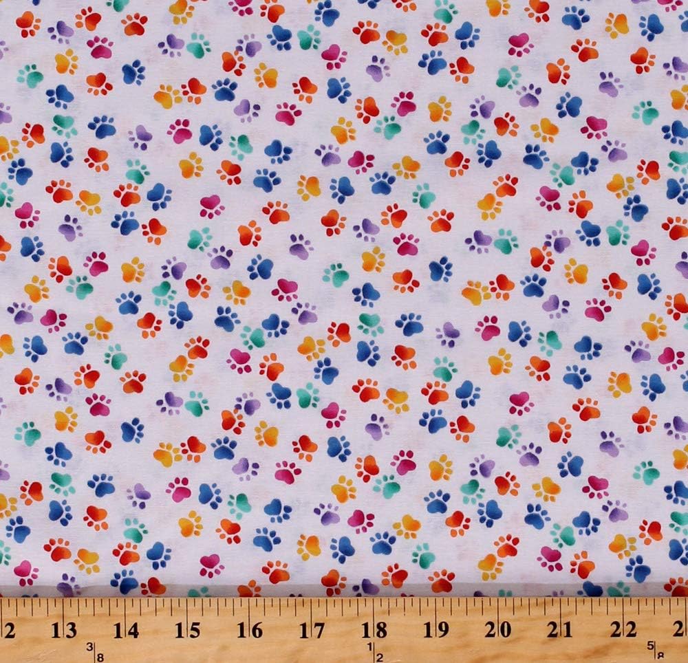 Cotton Paw Prints Paws Dogs Animals Pets Multi-Colored Pawprints on White Cotton Fabric Print by The Yard (D485.36)