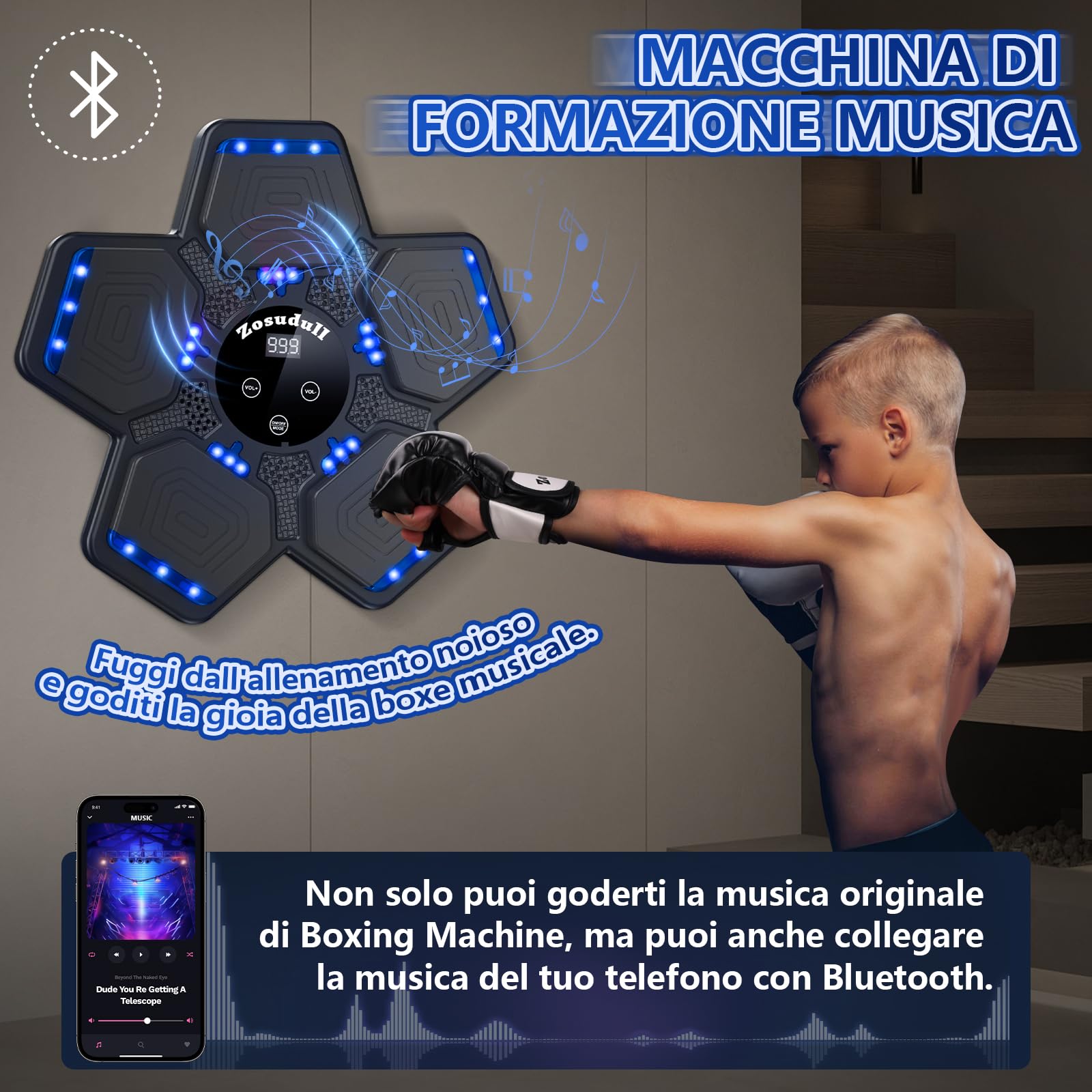 Macchina da Boxe Musicale, Smart Music Boxing Machine con Luce LED, Dispositivo di Boxe Bluetooth Boxe Musicale per Bambini/Adulti, Obiettivo da Boxe Montato a Parete con Guanti da Boxe