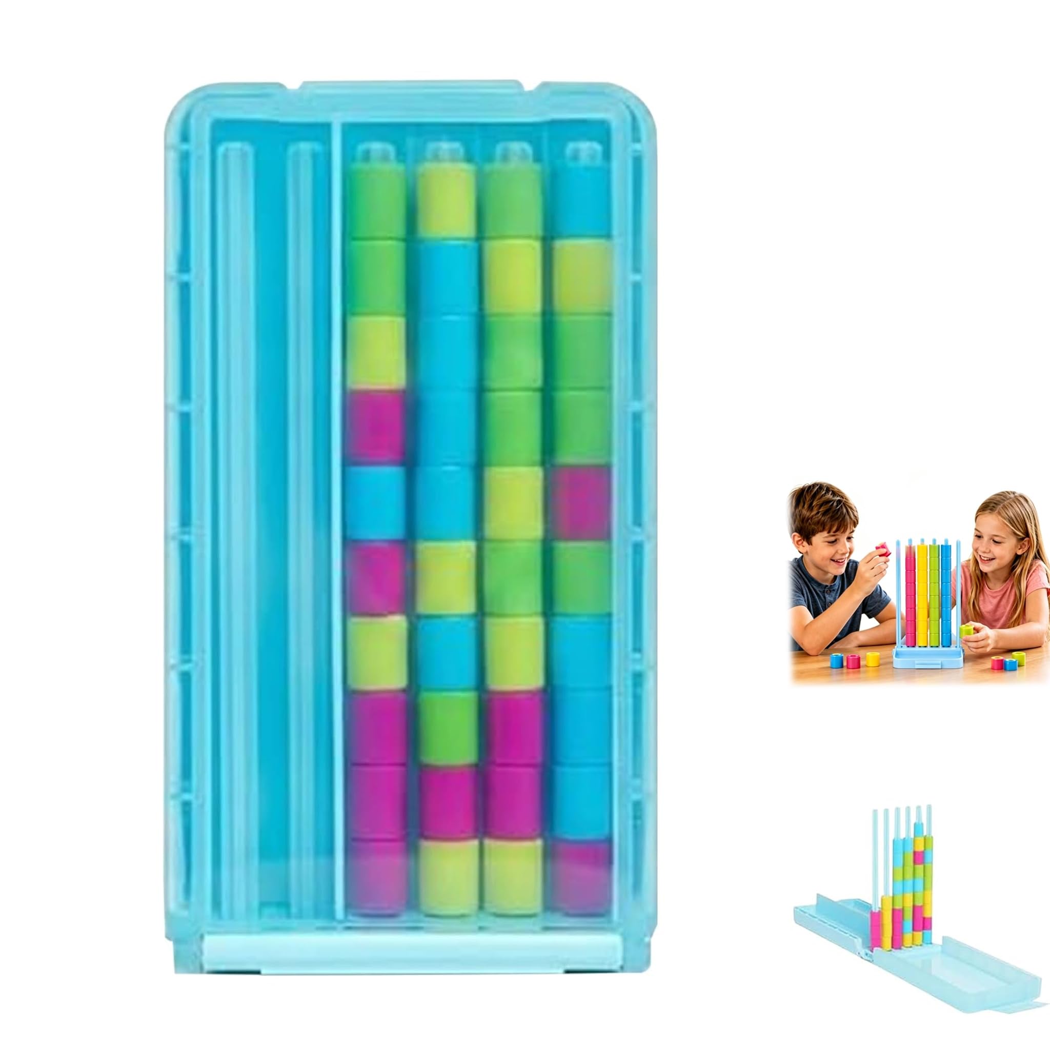 Mini Color Stack Challenge, Portable Brain Teaser Puzzle with 40 Rings and Racks, Colour Matching Stacking Game with Cards, for Kids and Adults, Family Game Night