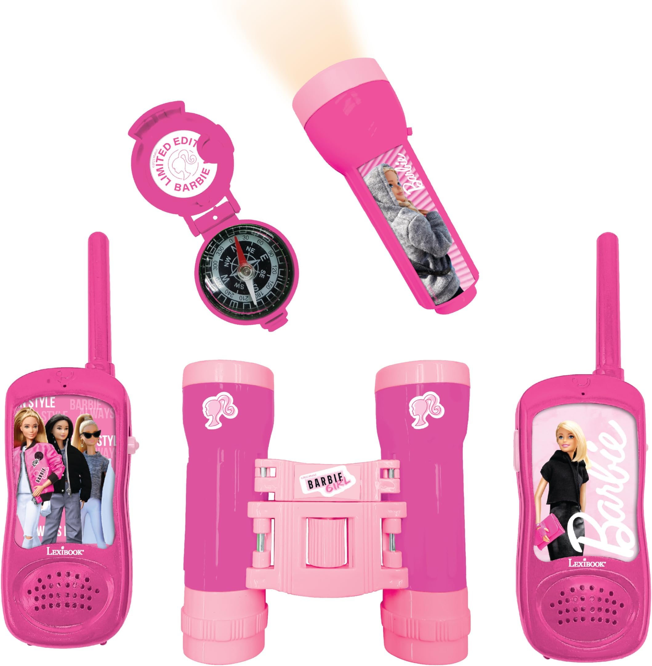 LEXIBOOK, Barbie, Adventurer set for Children, Walkie-Talkies 120m, Binoculars, Compass, Torchlight, Pink, RPTW12BB