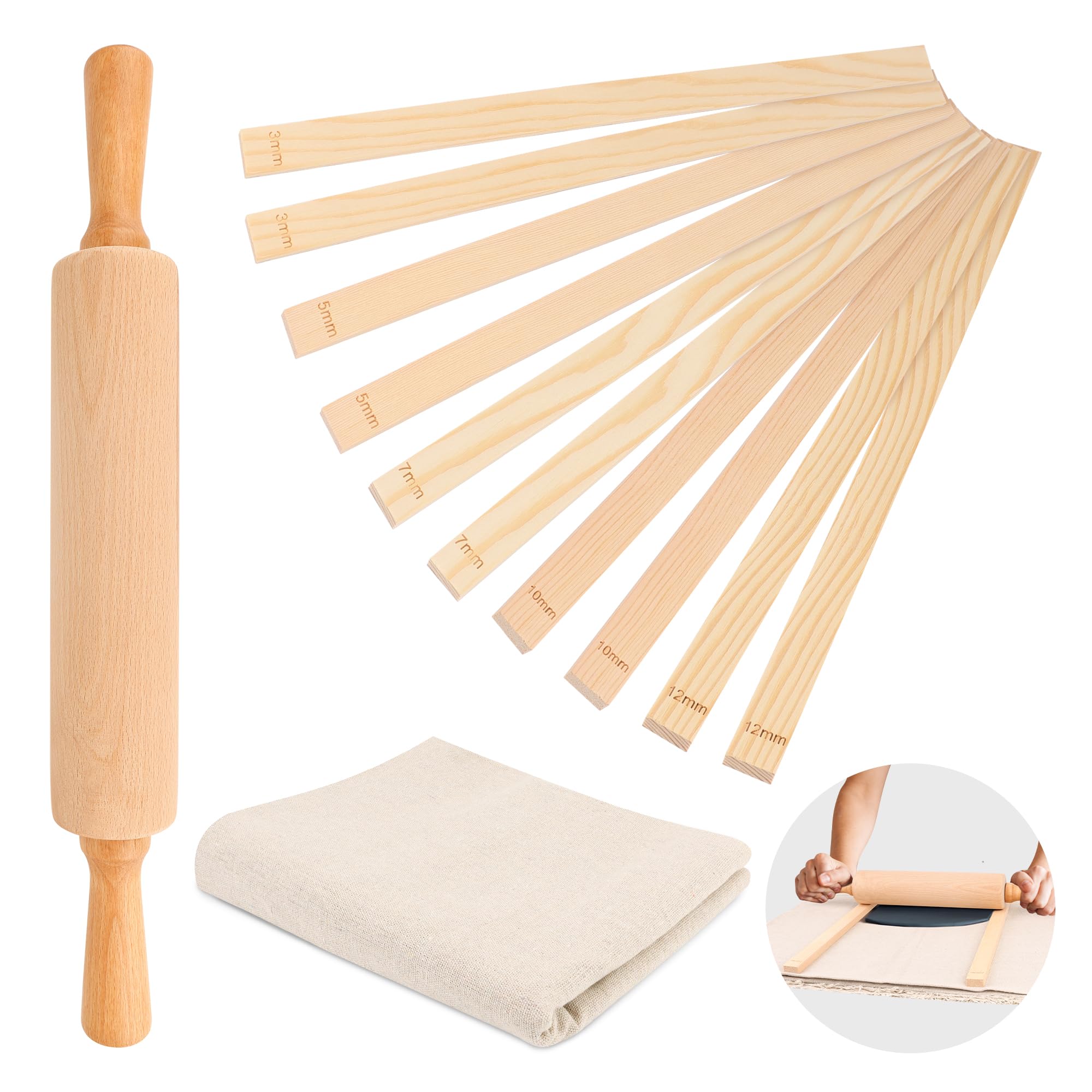 12P Pottery Tools-Slab Roller for Clay Pottery Ceramic Rolling Pin Guides