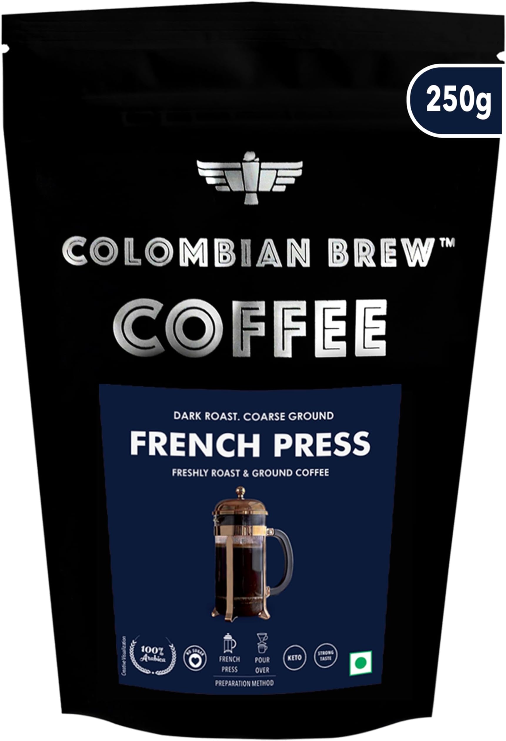 COLOMBIAN BREW COFFEE Arabica French Press Dark Roast Strong, 250g