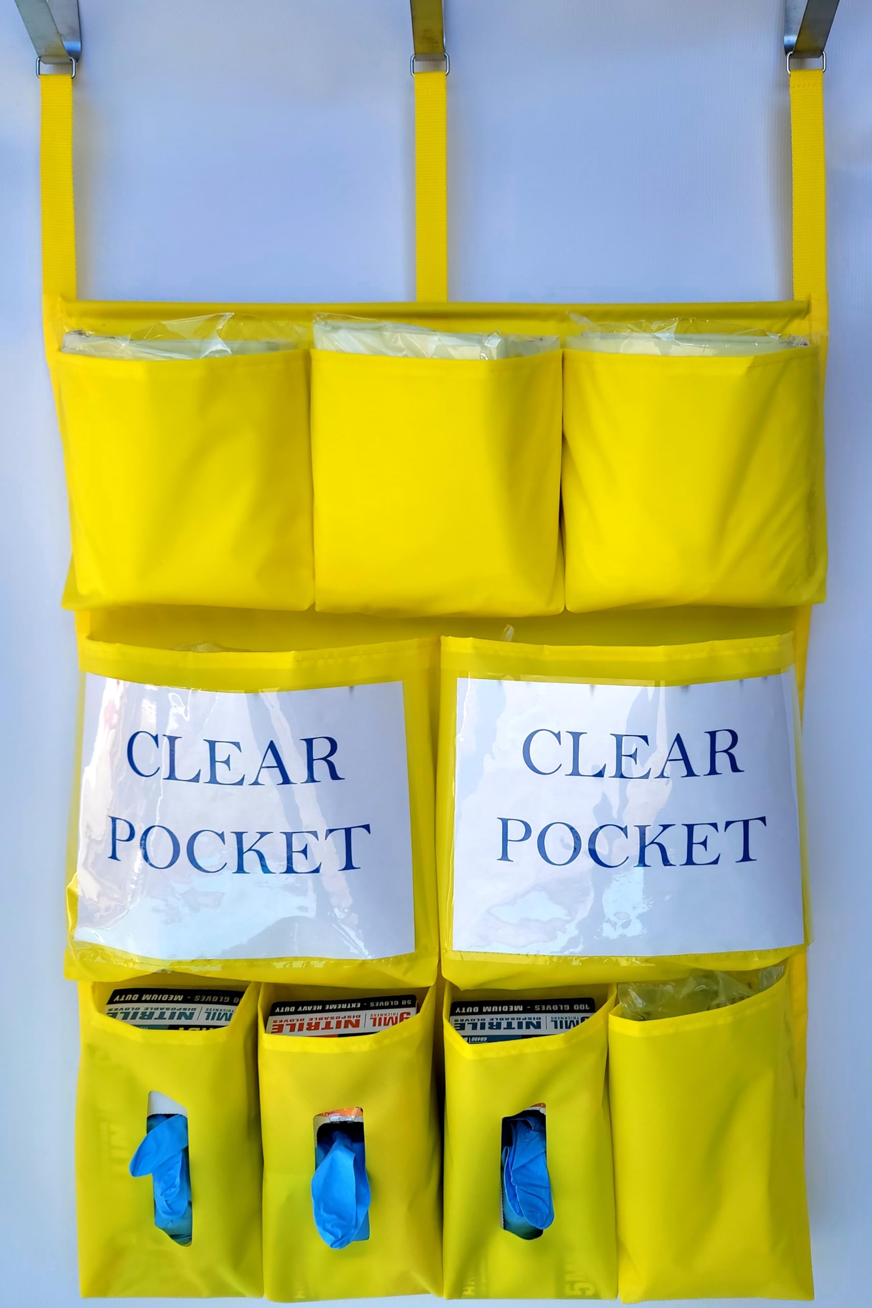 It's Sew EZ Personal Protection Equipment (PPE) Isolation Door Caddy - 9 Pockets - NFPA-701 Fire Retardant Nylon Oxford with Three Stainless Steel Hooks included (yellow, 09)