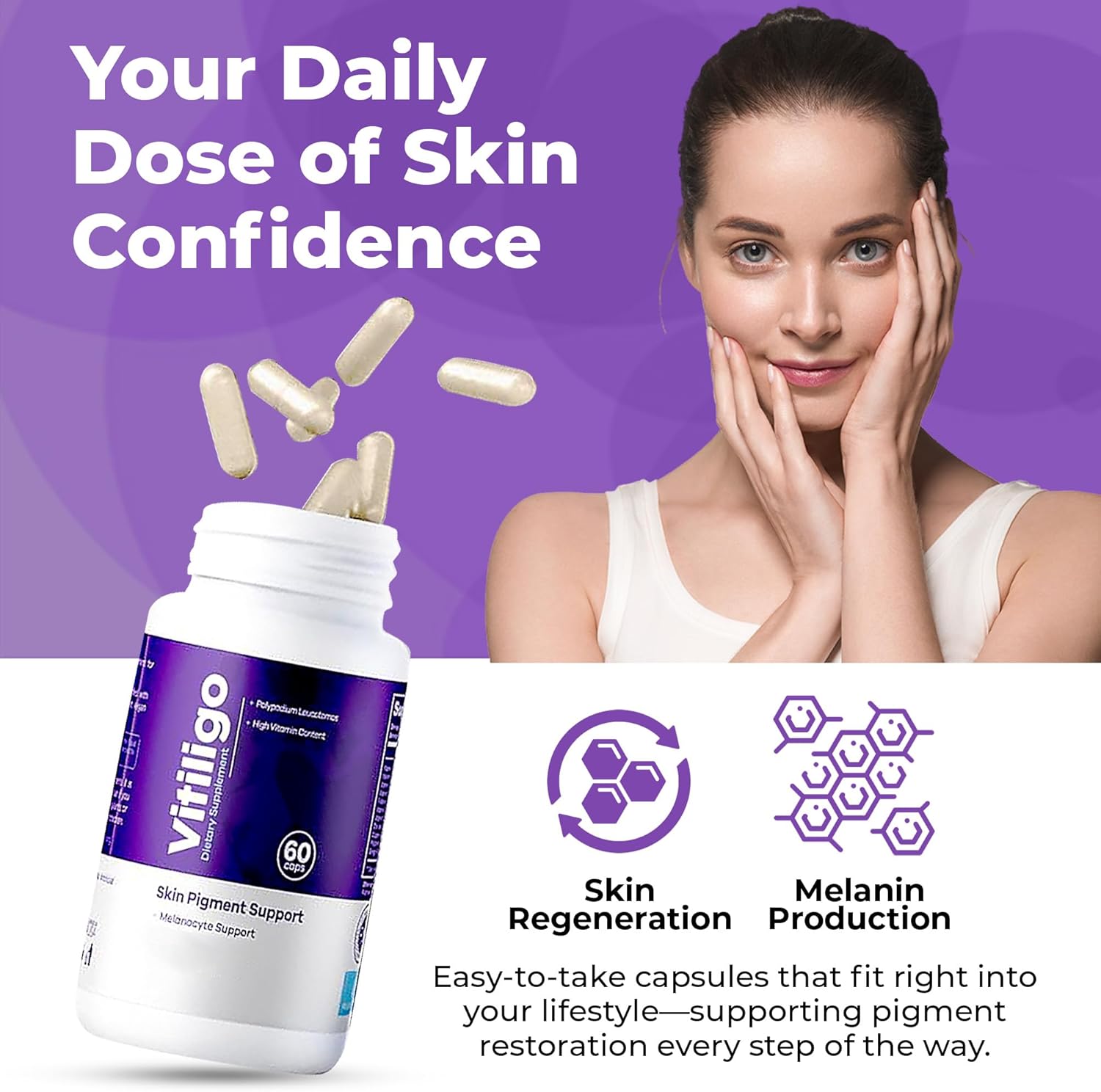 Vitiligo Capsules 60 Count | 1 Month | Improve Skin Pigmentation Support and Reduce White Spots | Effective Vitiligo Supplement | Natural Solution for White Spots on Skin. (1)
