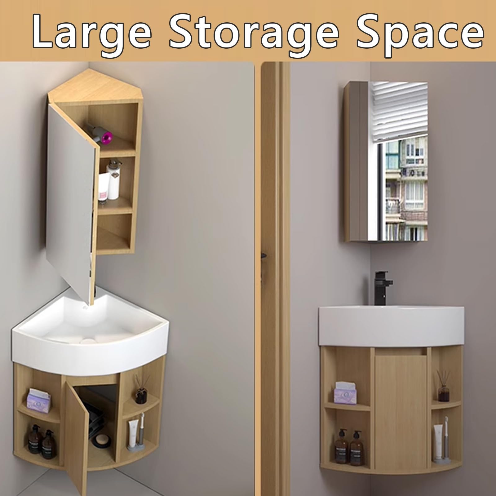 Mueble Baño Suspendido con Lavabo, Gran Espacio de Almacenamiento Bisagra de Acero Inoxidable Espejo Bañado en Plata, Armario Baño Espejo, para Baño(38CM)