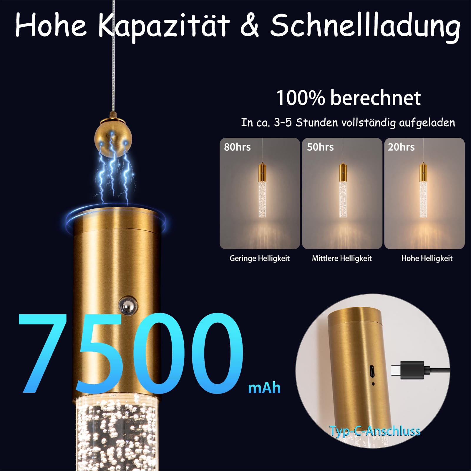 Akku Pendelleuchte Gold Kristall LED Hängelampe mit Batterie,7500mAh LED Hängeleuchte Touch Dimmbar 3 Farben,Höhenverstellbar, Zylinder Pendelleuchte Batteriebetriebene für Nachttisch Schlafzimmer