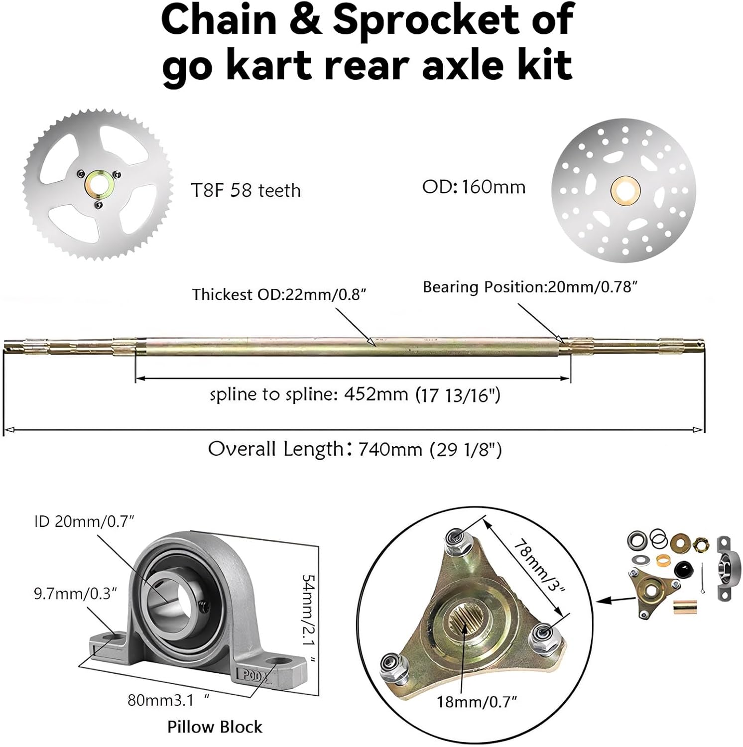 6" Go Kart Axle Kit, 740MM Rear Axle Kit with 2 Wheels, Tires, Rim, Brake Assembly and T8F Chain, DIY Live Axle Kit for Go Kart, Quads, Trike, Drift Bikes