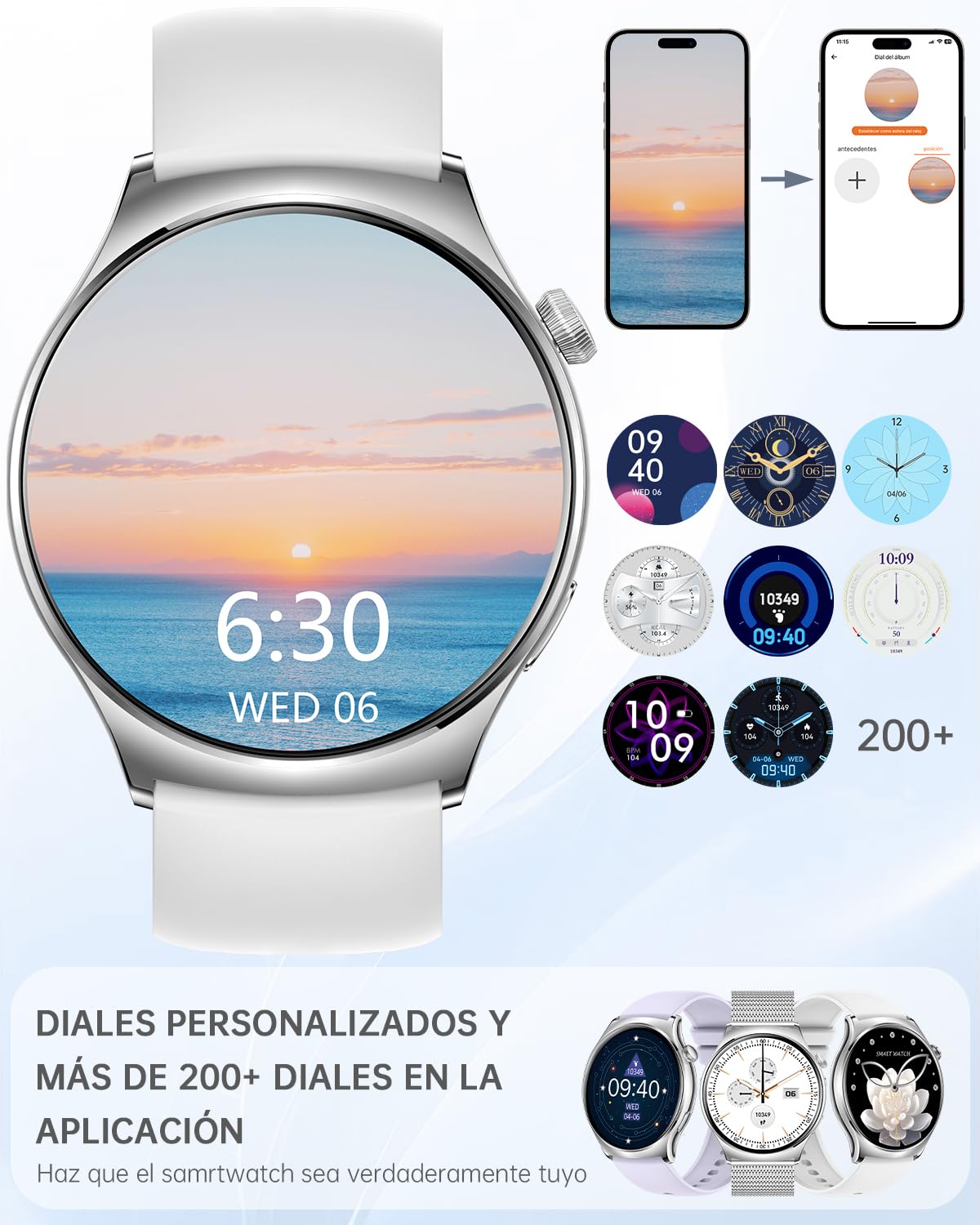 Reloj Inteligente Mujer con Llamadas y WhatsApp Notificaciones 1.43" AMOLED Smartwatch Mujer para iOS Android 3 Correas Pulsera Actividad con Pulsómetro/Monitor de Sueño/Podómetro 110+ Deportes, Plata