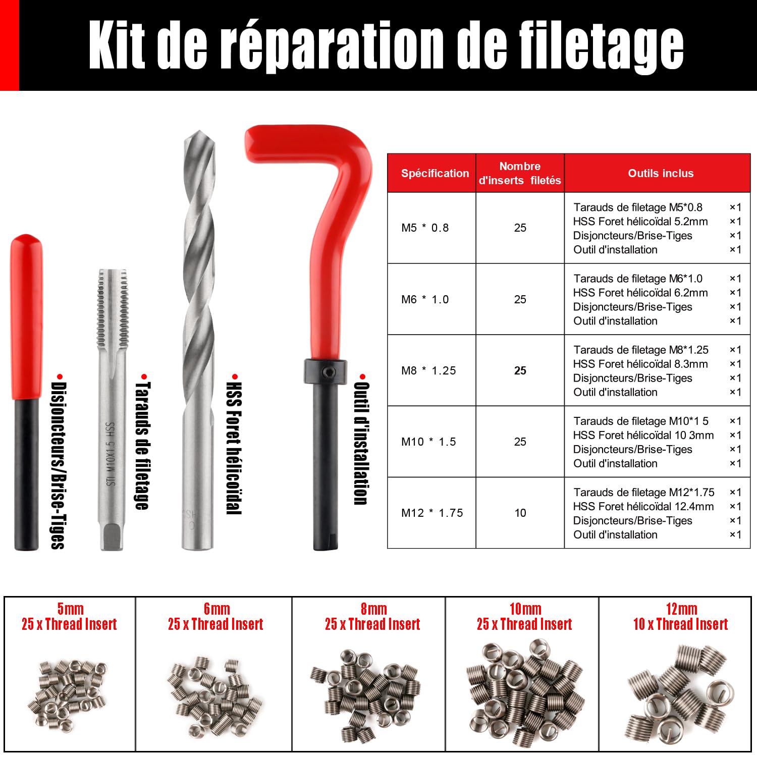 131 Pièces Kit de réparation de Filetage, tarauds et forets | Kit Filet Insertion de Fil Métrique M5, M6, M8, M10, M12 tarauds et forets Outils de Filetage
