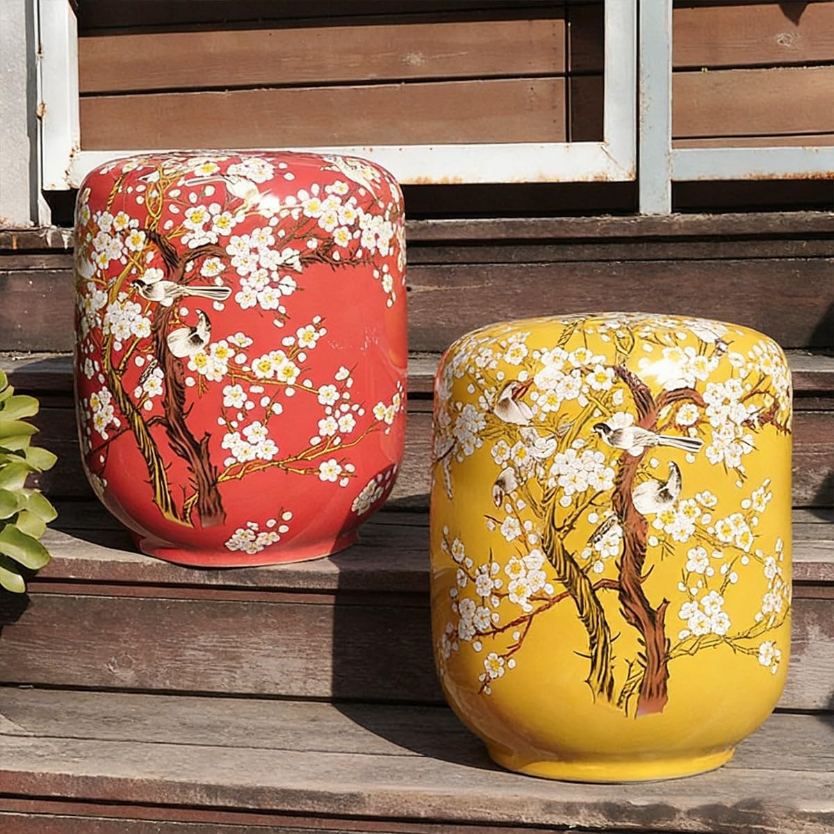 Hand Painted Garden Stools, Ceramic Garden Stool with Magpie Plum-Blossom, Decorative Chinoiserie Ceramic Drum Indoor Outdoor Garden Stool(Jade)