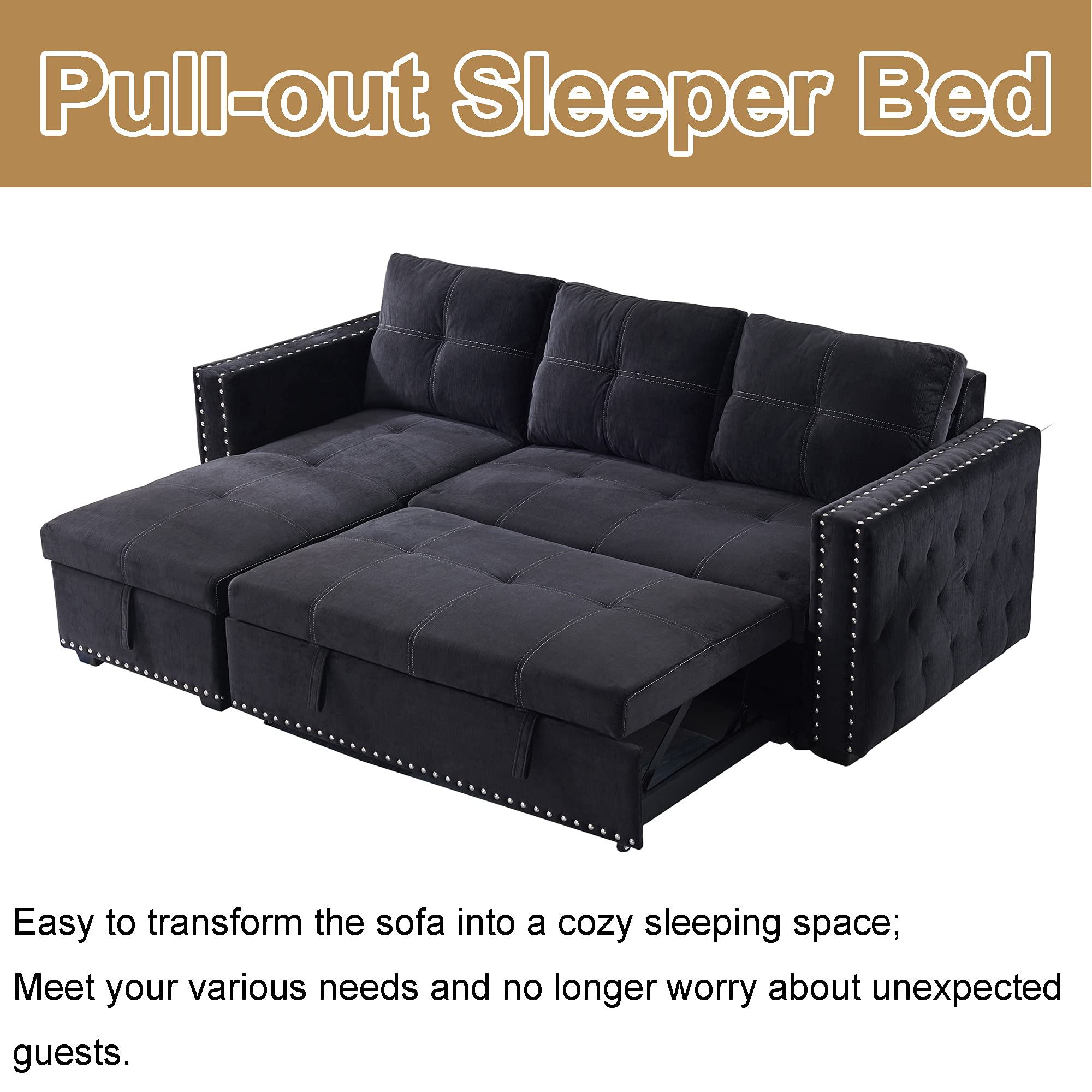 Sectional Sofa with Chaise, HABITRIO 91" LShape Seat Couch w/PullOut