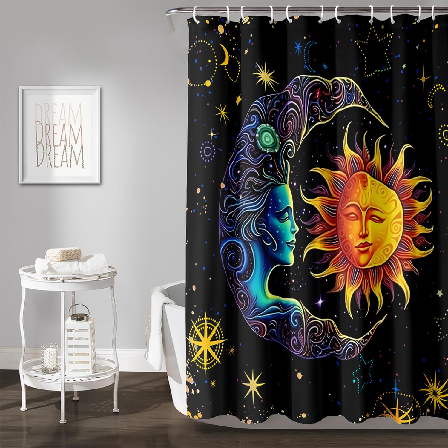 AILONEN Sun and Moon Shower Curtain,Space Galaxy Boho Exotic Sun and Moon Bath Curtain,Celestial Starry Moon Smiles Decoration Waterproof 60