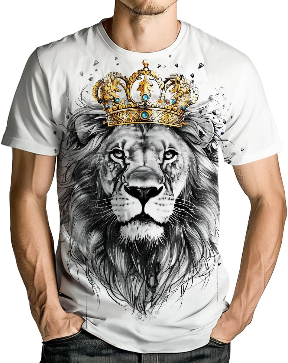 Men's Casual Lion with Crown Print T-Shirt Fashion Graphic Tee Shirts Short Sleeve