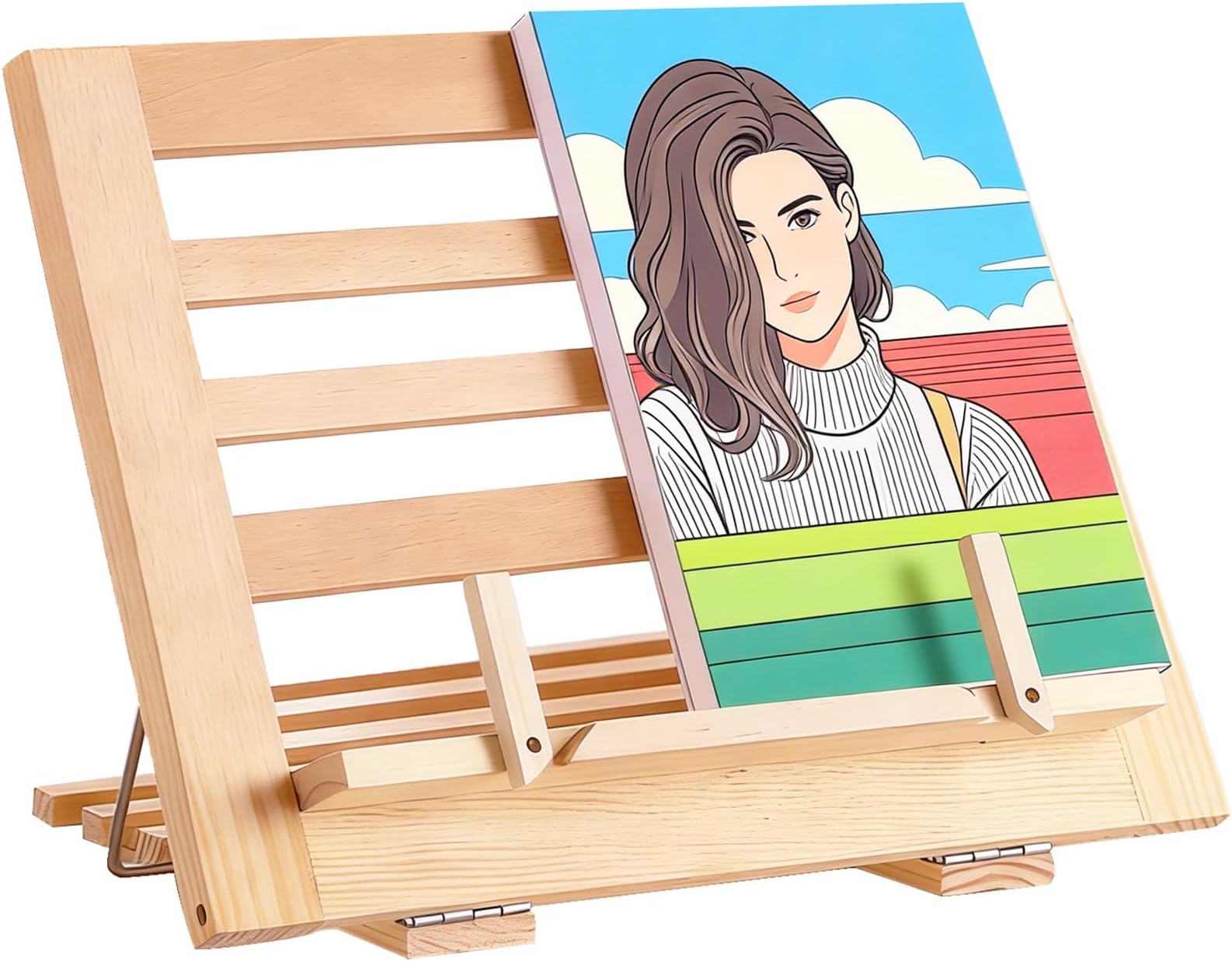 Adjustable Wooden Book Stand, Portable Cookbook Stand with Flexible Page Holders, Foldable Book Holder for Hands-Free Reading, Reduce Neck Strain, 13.4 x 13.4 x 9.4 in