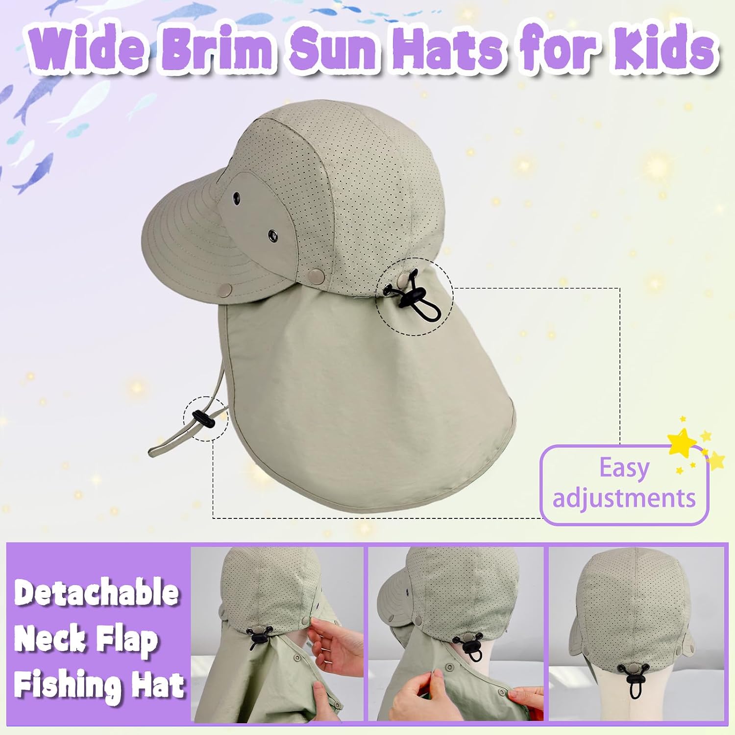 Kids Sun Hat with Detachable Neck Flap for Boys & Girls Wide Brim Fishing Hat for Kids Water Resistant UV Protection image 2