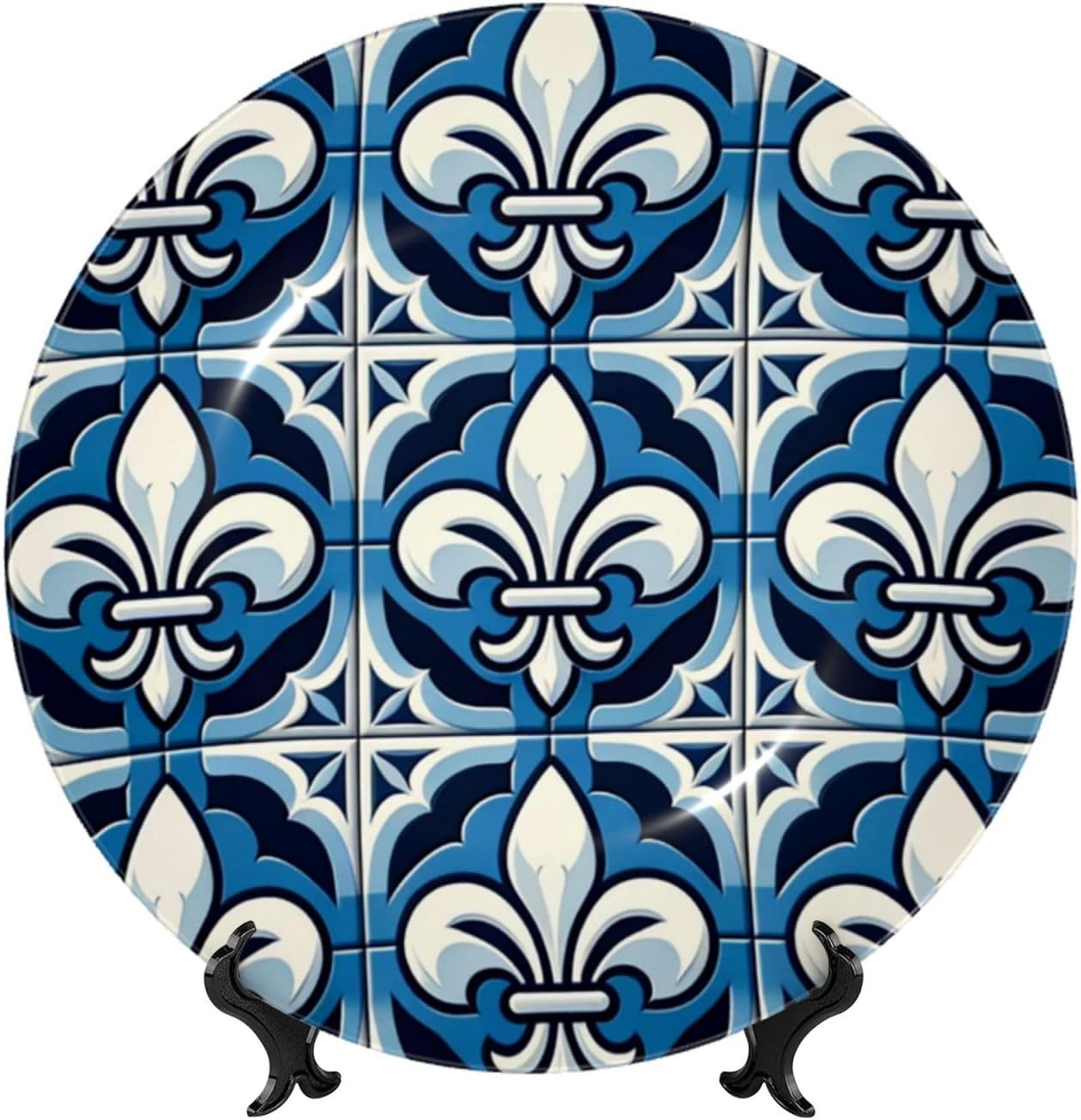 Blue-Fleur-De-Lis 10 Inch Decorative Plate With Stand, Elegant Display Wall Plate For Home Decor
