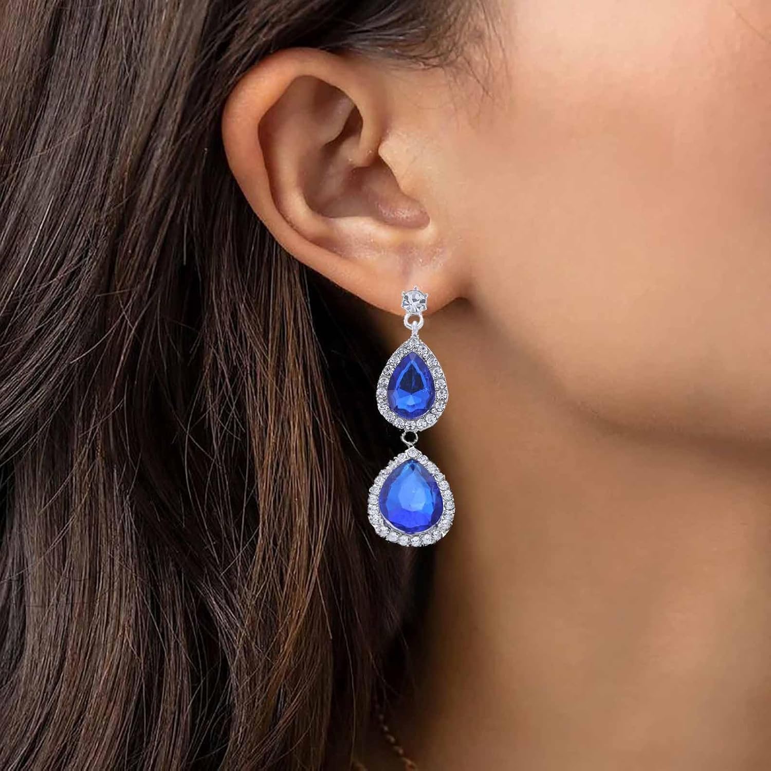 Vintage Teardrop Sapphire Earrings Silver Blue Crystal Drop Earring Oval Blue Rhinestone Dangle Earring Pear Blue Cz Stud Earrings Jewelry for Women - Image 4
