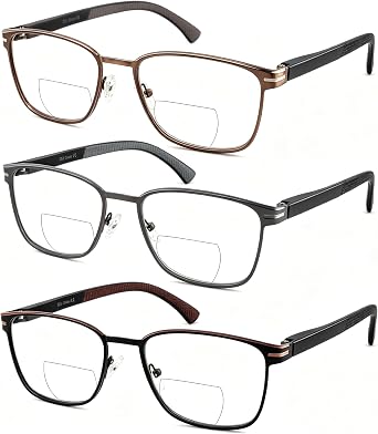 3 Pack Metal Bifocal Reading Glasses Blue Light Clear Top Spring Hinge Eyeglasses for Men Women