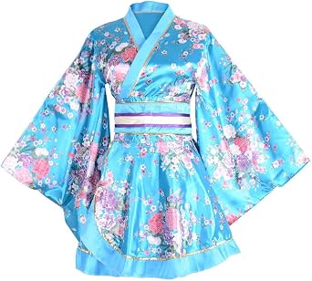 HongH Kimono Bathrobe Costume Japanese Traditional Yukata Cosplay Womens Sexy Sakura Pattern Blue, Large