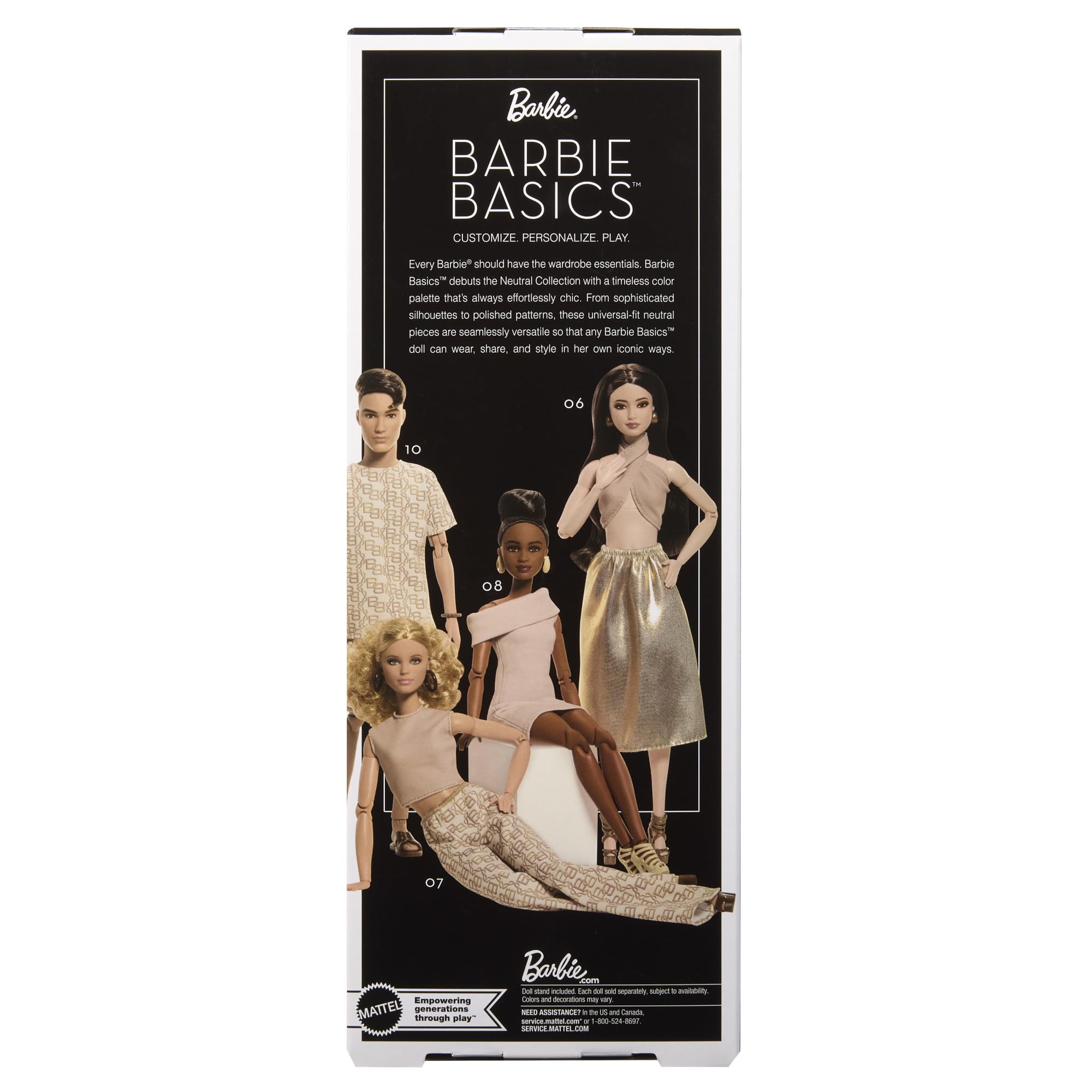 Barbie Basics Model 06 z brązowymi włosami, błyszczącą złotą spódniczką i topem, uniwersalnymi ubraniami, ruchomym ciałem, JJX25