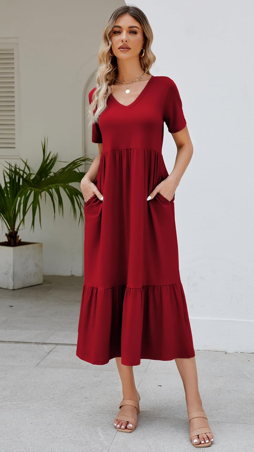 Women's 2026 Summer Short Sleeve V Neck Swing Dress Flowy Tiered Maxi Beach Sundress with Pockets - Image 4