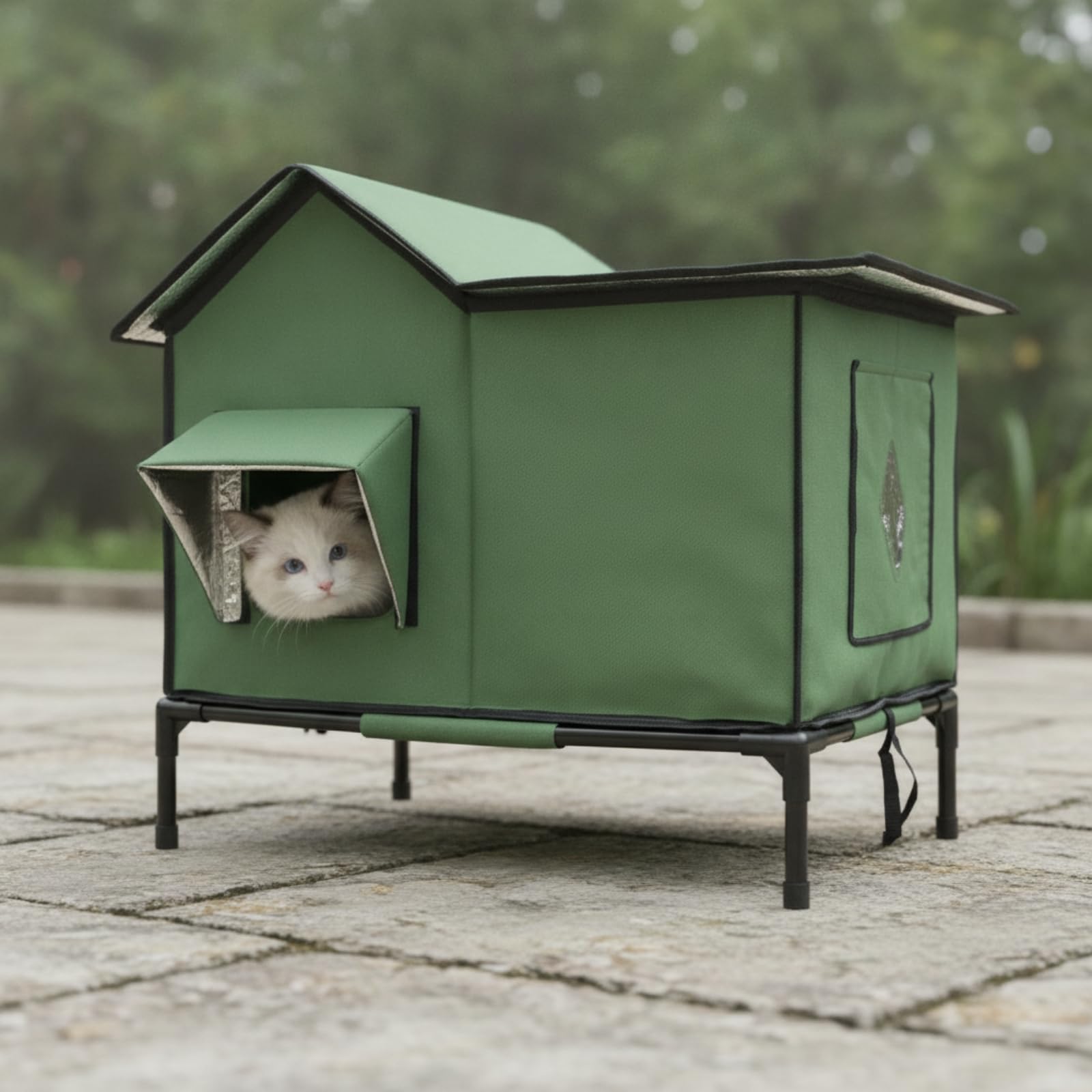 Casetta per Gatti da Esterno Rifugio Cuccia Capanno Sicuro con Esterno 600d Impermeabile Interno Coibentato Struttura Sollevata 12 Cm Ingresso
