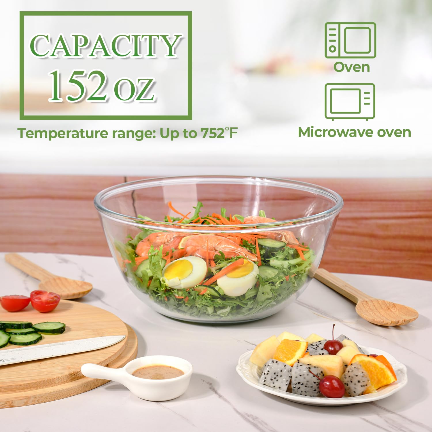 GEHE Insalatiera grande in vetro con coperchio e utensili da portata, ciotola grande da 4,1 litri con coperchio per insalata, pasta, dessert, frutta, insalata trasparente, grande ciotola da portata